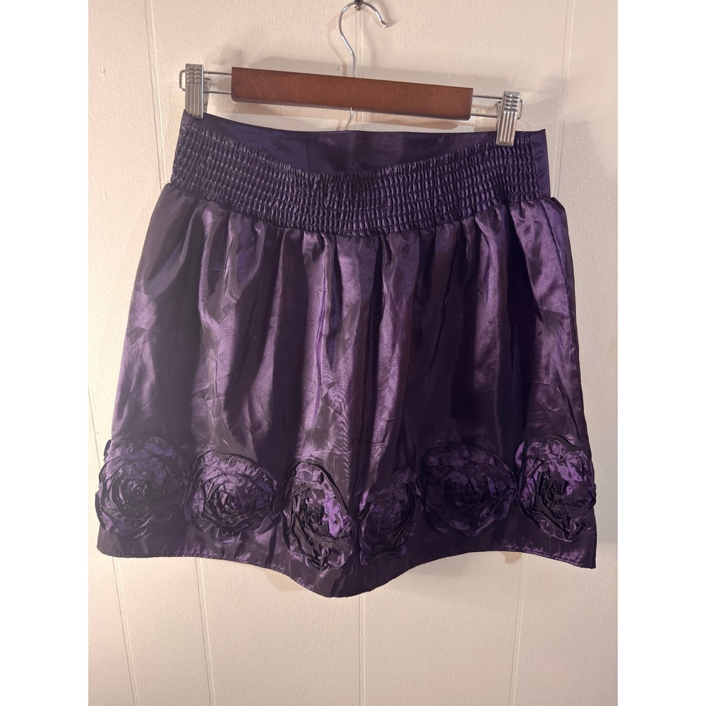 IZ Byer Satin Purple Rose‎ Shimmering with Elastic Waist Mini Skirt Size M  Goth - Picture 2 of 4